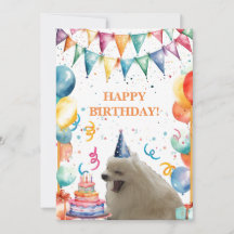 Carte d'anniversaire avec chiot, gâteau et ballons