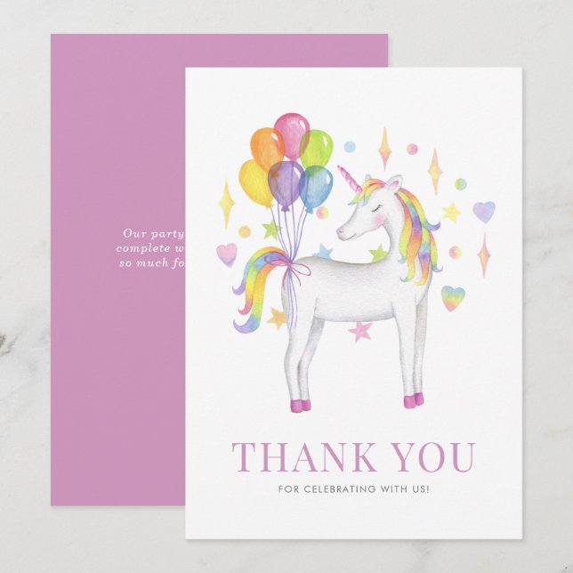 De Remerciements Carte d'anniversaire licorne arc-en-ciel aquarelle (Devant / Derrière)