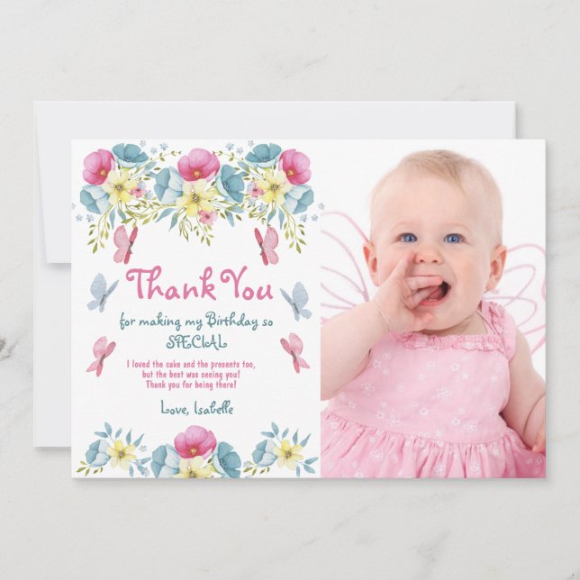 De Remerciements Carte d'anniversaire Photo Fleurs Papillons Rose (Devant)