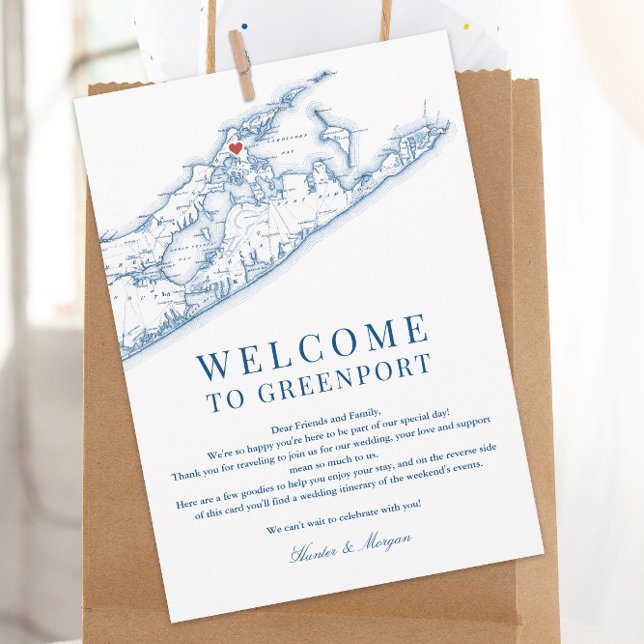 De Remerciements Carte Greenport NY Mariage Bienvenue Lettre Marine (Greenport NY Long Island Map Wedding Welcome Letter and Weekend Events Itinerary in Navy Blue)