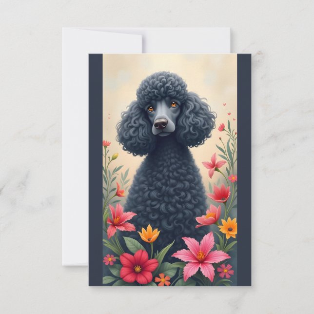 De Remerciements Carte Noir Poodle et Fleurs Note (Devant)