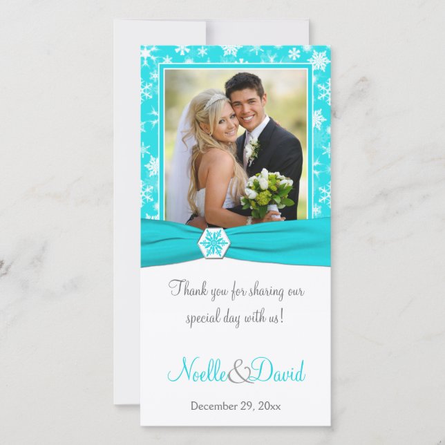 De Remerciements Carte photo Mariage Aqua, White, Grey Snowflakes (Devant)