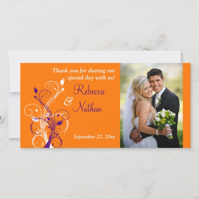 De Remerciements Carte photo Mariage floral blanc, violet, orange,  (Devant)