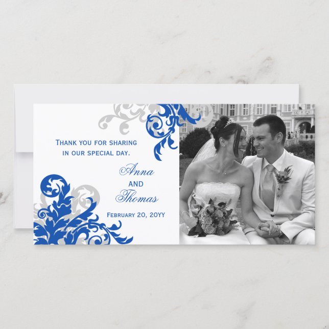 De Remerciements Carte photo Mariage Royal Blue et Silver Flourour (Devant)