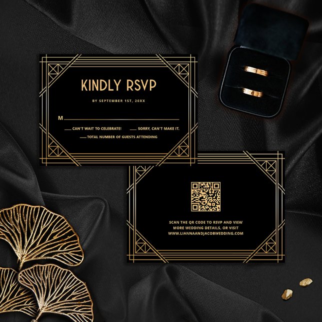 De Remerciements Carte RSVP Art Déco Mariage noir et or QR Code (Créateur téléchargé)