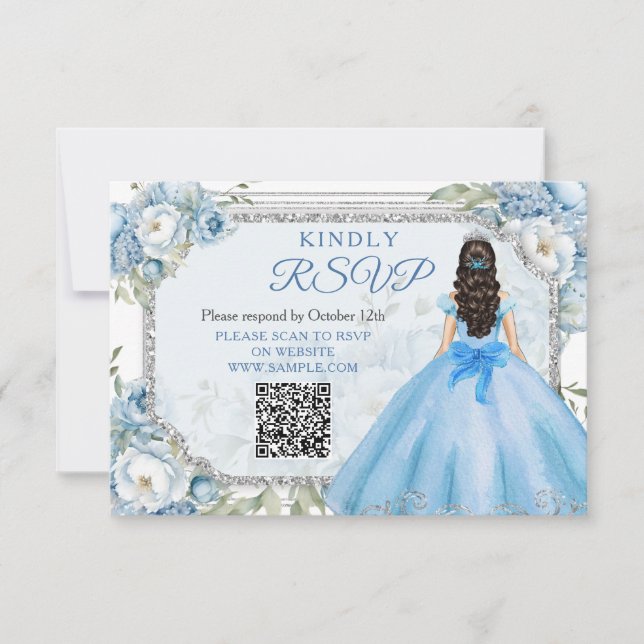 De Remerciements Carte Rsvp Blue Floral Argent Quinceañera QR (Devant)