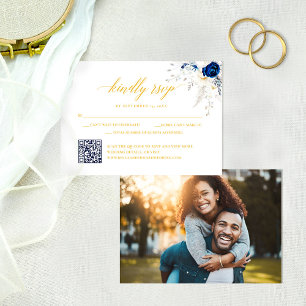 De Remerciements Carte RSVP Chic Blue Yellow Floral Mariage QR Code