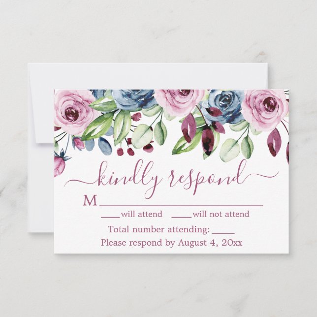 De Remerciements Carte RSVP Marine Blue Wine Floral Wedding (Devant)