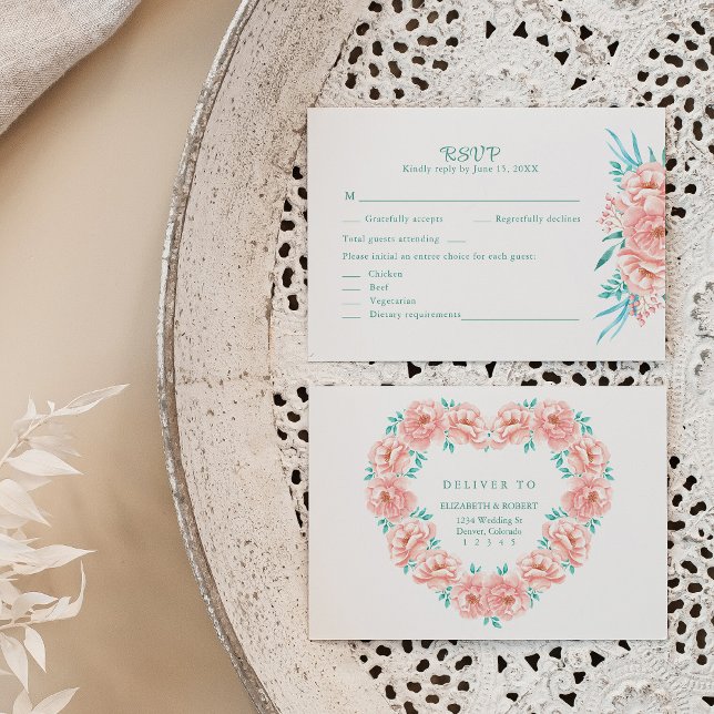 De Remerciements Carte RSVP Peach et Mariage Floral Turquoise (Peach and Turquoise Floral Wedding RSVP Card on a neutral boho wedding table.)