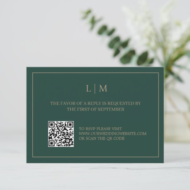 De Remerciements Carte RSVP simple Monogramme Emerald QRCode Weddin (Debout devant)
