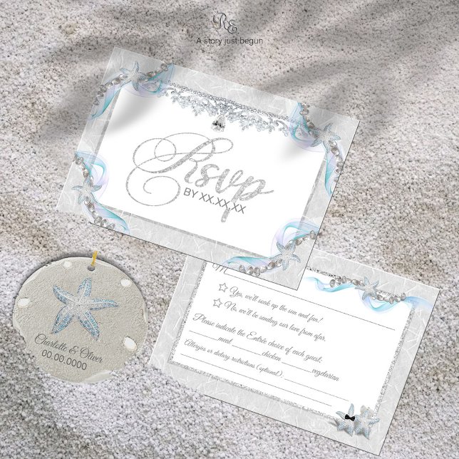 De Remerciements Carte RSVP Starfish & Diamants (Front and back of Starfish & Diamonds RSVP Card styled with coastal gem accents in the sand.)