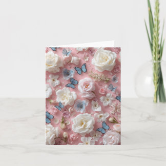 De Remerciements Carte vierge avec fond rose, papillons et fleurs