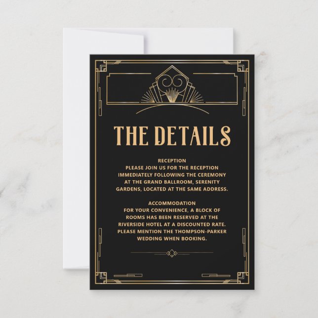 De Remerciements Détails Carte Mariage Art Déco 20s Black Gold (Devant)