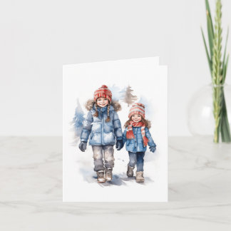 De Remerciements Deux petites filles marchant dans la neige. Carte