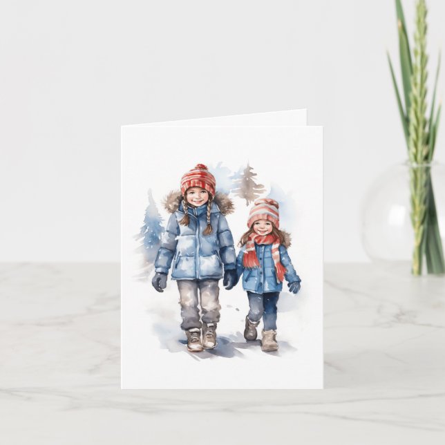 De Remerciements Deux petites filles marchant dans la neige. Carte  (Devant)