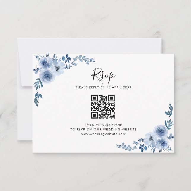 De Remerciements fleurs d'aquarelle bleue mariage code QR carte RSV (Devant)