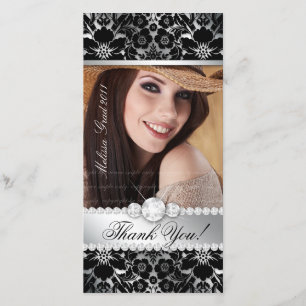 De Remerciements Floral Graduation Carte photo Silver Black Damask