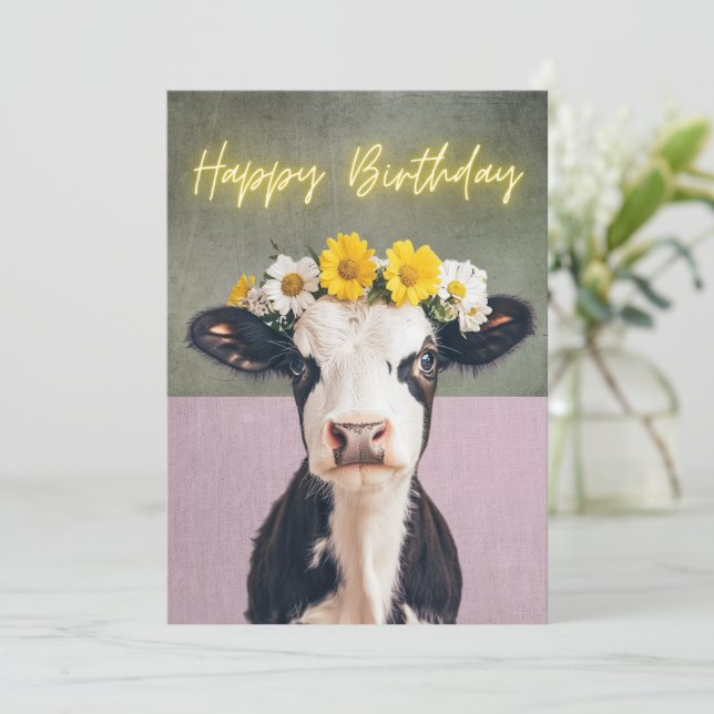 De Remerciements Funky Flower Cow carte d'anniversaire (Debout devant)