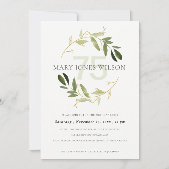DE REMERCIEMENTS GOLD GREEN FOLIAGE WREATH TOUT ÂGE 75 CARTE D'ANNI (Devant)