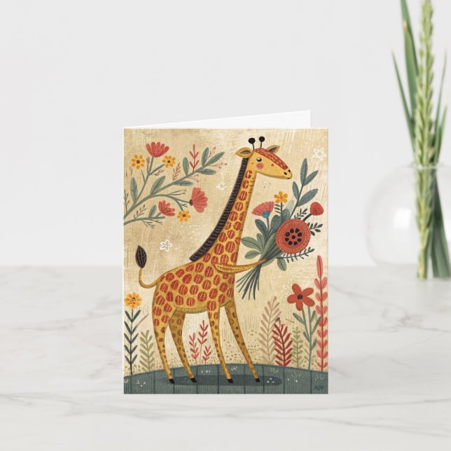 De Remerciements Joyeuse girafe d'anniversaire avec fleurs carte pl (Devant)