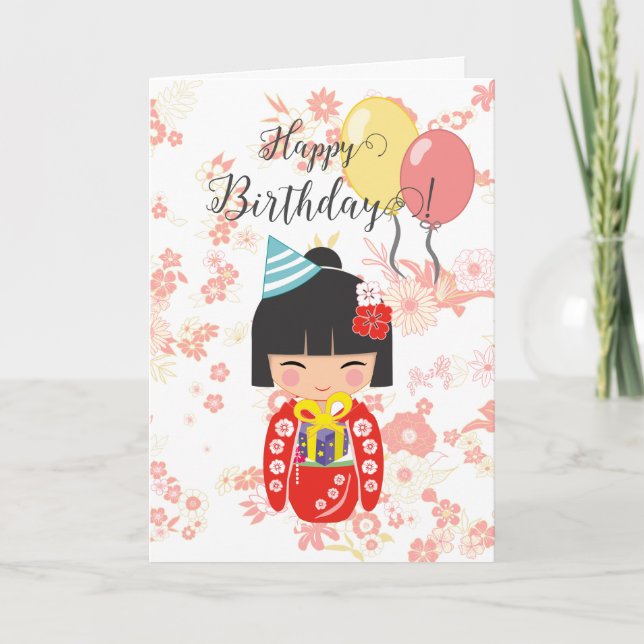 De Remerciements Kokeshi Doll Red Bonne carte d'anniversaire (Devant)