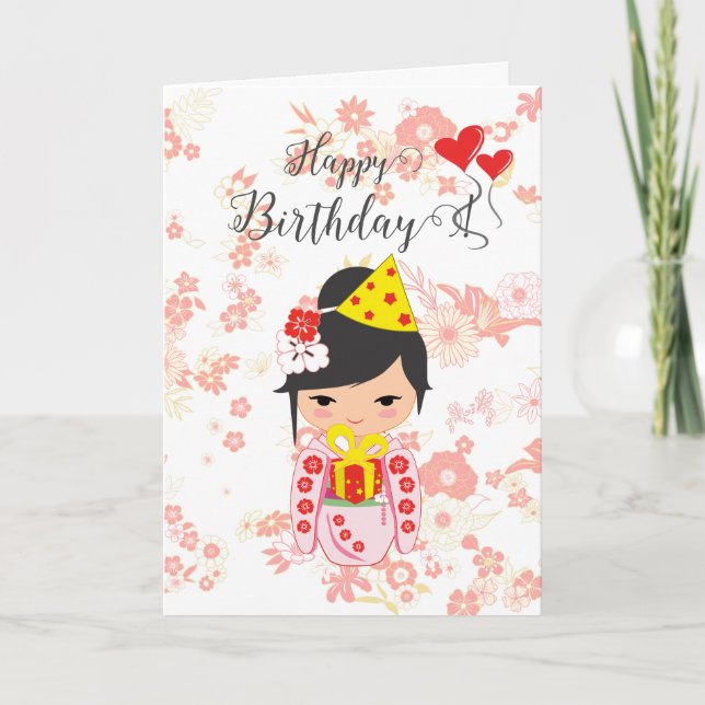 De Remerciements Kokeshi Doll rose Bonne carte d'anniversaire (Devant)
