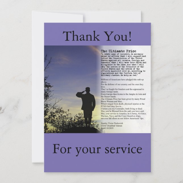 De Remerciements La carte Soldat et Anciens Combattants au meilleur (Devant)