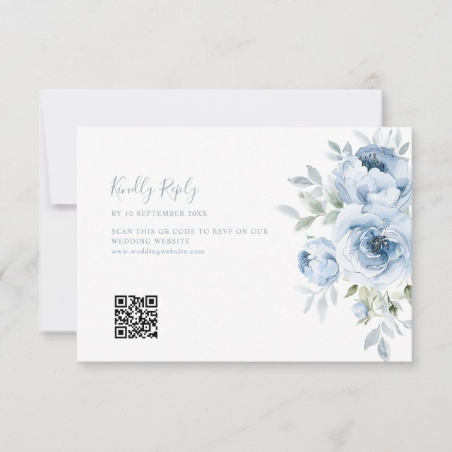 De Remerciements mariage floral bleu poussiéreux code QR carte RSVP (Devant)