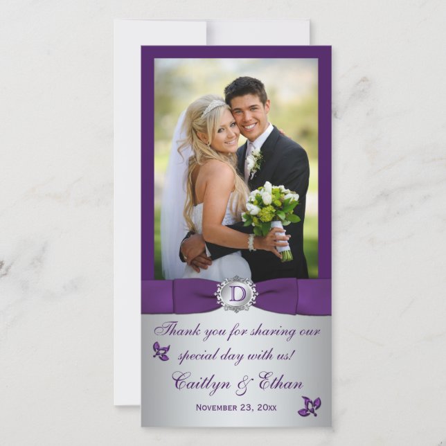 De Remerciements Monogramme violet, argent Mariage Carte photo (Devant)