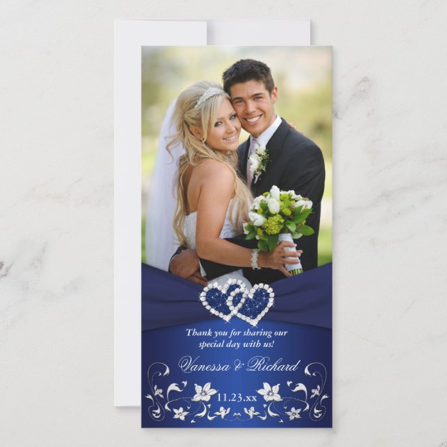 De Remerciements Navyl Blue Silvee Floral Hearts Mariage Carte phot (Devant)
