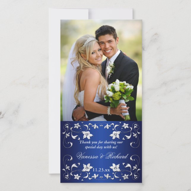 De Remerciements Navyl Blue, Silver Floral Mariage Carte photo (Devant)