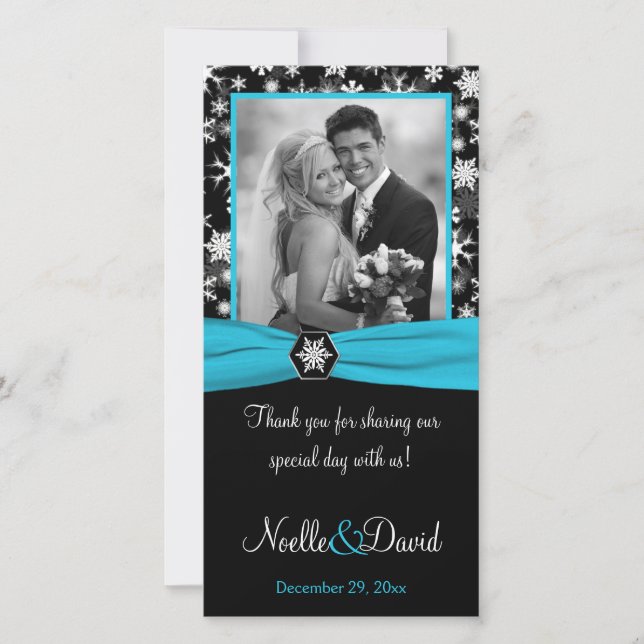 De Remerciements Noir, Blanc, Aqua Snowflakes Mariage Carte photo (Devant)