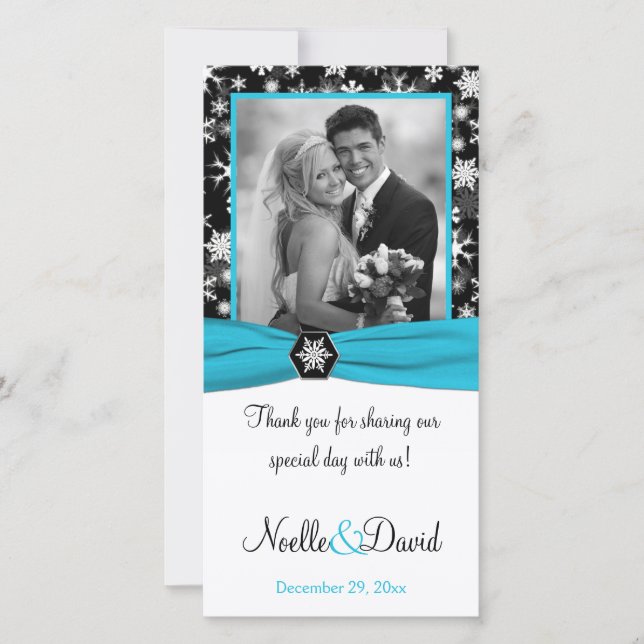 De Remerciements Noir, Blanc, Aqua Snowflakes Mariage Carte photo (Devant)
