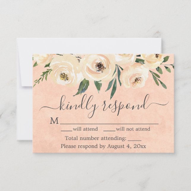 De Remerciements Peach Beige Floral Gold sur carte RSVP rose (Devant)