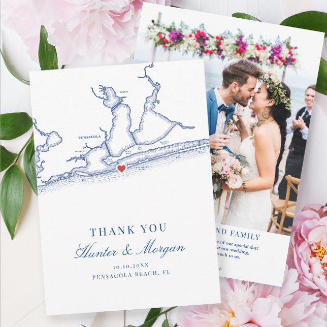 De Remerciements Pensacola Beach Floride Carte et Mariage Photo (Pensacola Beach Florida map navy blue wedding thank you cards with photo by Coastal Map Designs)
