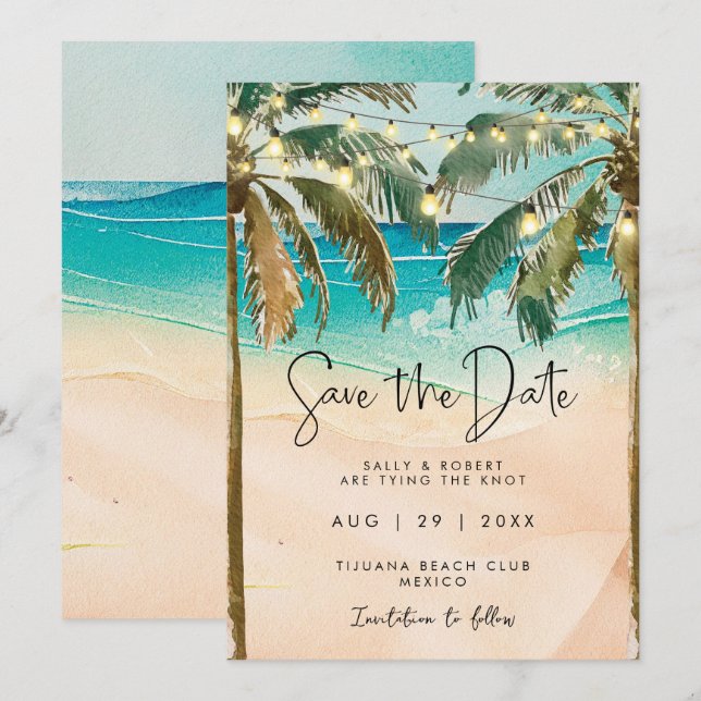 De Remerciements plage palmiers lumières enregistrer la carte date (Devant / Derrière)