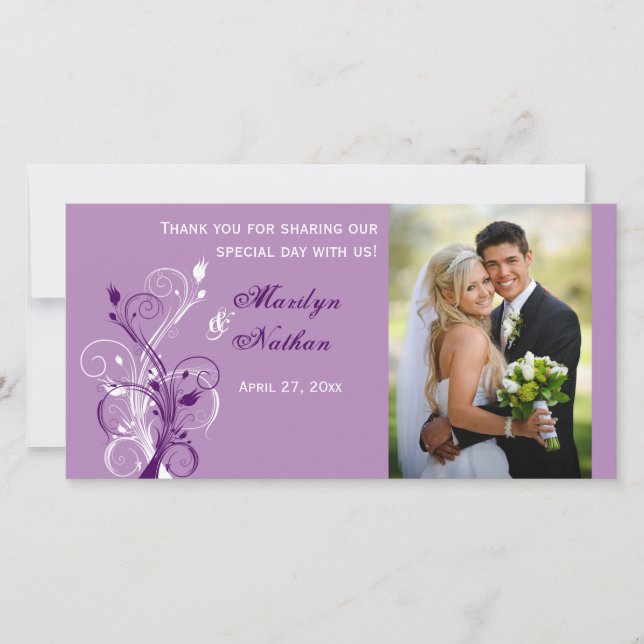 De Remerciements Purple, Lilac, Blanc Floral Mariage Carte photo (Devant)