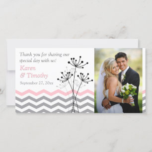 De Remerciements Rose, Gris Floral, Chevrons Mariage Carte photo