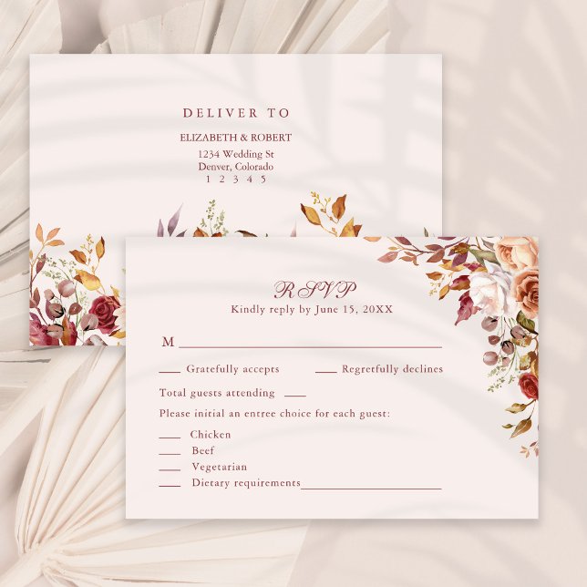De Remerciements Terracotta Burnt Orange Floral Wedding Carte RSVP (Terracotta Burnt Orange Floral Wedding RSVP Card on a sunny neutral dry palm leaf.)