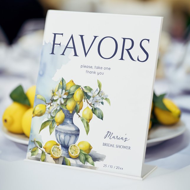 De Table Amalfi Vase bleu italien citrons faveur signe (Amalfi Italian blue ceramics vase with lemons wedding bridal shower favors table sign table decor)