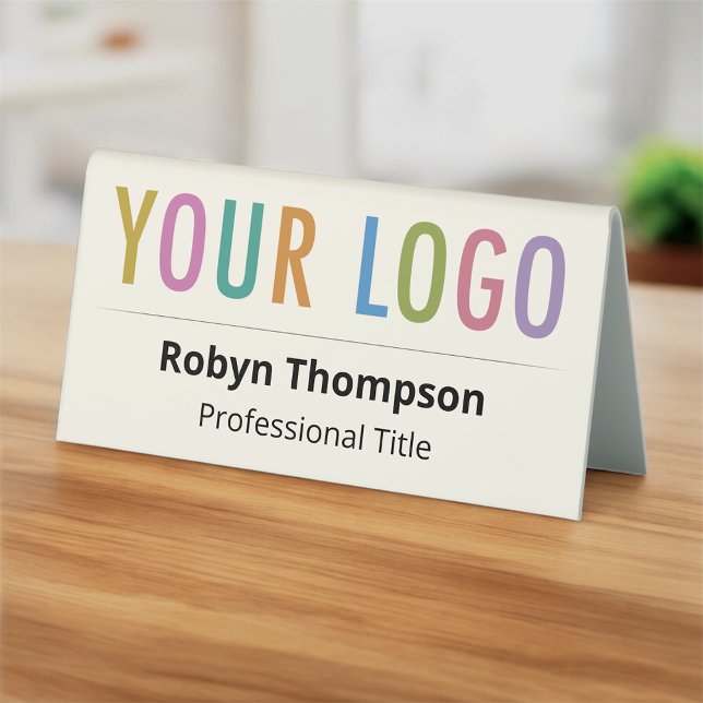 De Table Ecru Double Côté Bureau Nom Plaque Business Logo (Ecru (Light Beige) Name Plate Tent with Logo and Job Title Double-Sided)