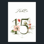 De Table Élégante florale botanique numéro 15,<br><div class="desc">Cette carte de numéro de table comporte un numéro vert décoré avec des illustrations d'aquarelle de fleurs et de feuilles en pêche, rose rousse, rouge, terre cuite et vert. Ce numéro de table est parfait pour les mariages, diplômes, baby showers, douches nuptiales, anniversaires et autres événements. Tableau 15. Veuillez vérifier...</div>