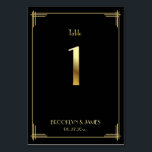 De Table Grand Gatsby Art Déco Tableau Numéro 1 Or Noir<br><div class="desc">Cartes de numéro de table du mariage Great Gatsby Art Déco avec le numéro d'or 1 et le texte personnalisable,  où vous pouvez ajouter vos noms et la date du mariage,  imprimé sur arrière - plan noir</div>