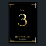 De Table Grand Gatsby Art Déco Tableau Numéro 3 Or Noir<br><div class="desc">Cartes de numéro de table du mariage Great Gatsby Art Déco avec numéro d'or 3 et texte personnalisable,  où vous pouvez ajouter vos noms et date de mariage,  imprimé sur arrière - plan noir</div>
