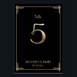 De Table Grand Gatsby Art Déco Tableau Numéro 5 Or Noir<br><div class="desc">Cartes de numéro de table du mariage Great Gatsby Art Déco avec numéro d'or 5 et texte personnalisable,  où vous pouvez ajouter vos noms et la date du mariage,  imprimé sur arrière - plan noir</div>