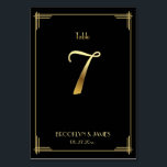 De Table Grand Gatsby Art Déco Tableau Numéro 7 Or Noir<br><div class="desc">Cartes de numéro de table du mariage Great Gatsby Art Déco avec numéro d'or 7 et texte personnalisable,  où vous pouvez ajouter vos noms et la date du mariage,  imprimé sur arrière - plan noir</div>
