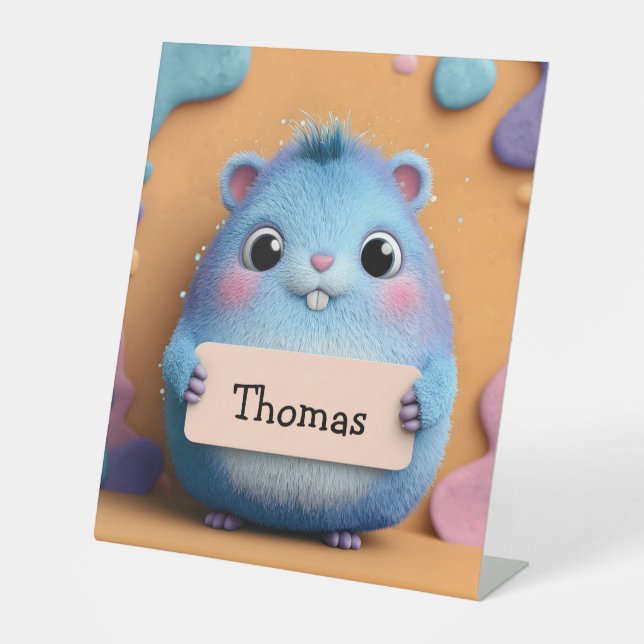 De Table Hamster bleu bouffant tenant un signe avec nom (Recto)