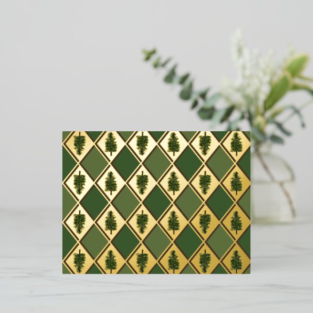 De Vacances En Aluminium Carte postale Arbres à pin et Arlequin à huile (Debout devant)