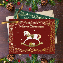 Carte postale Noël Cheval à Bascule Papier Doré