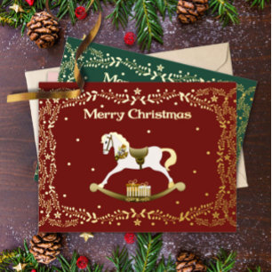 De Vacances En Aluminium Carte postale Noël Cheval à Bascule Papier Doré